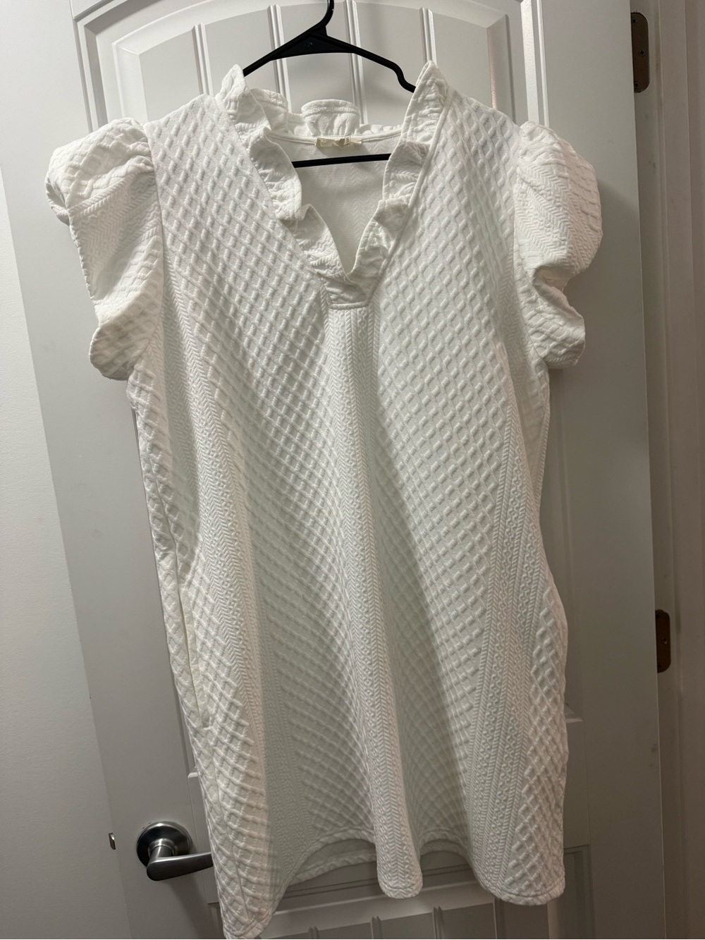 White Textured Ruffle Sleeve Women's Dress
